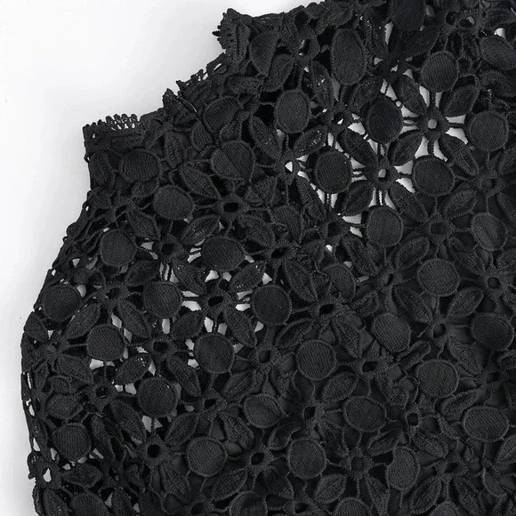 Elegant French Fit-n-Flare Cut Romantic Gupuire Lace Paneled Dress All Black - Picture 10 of 10